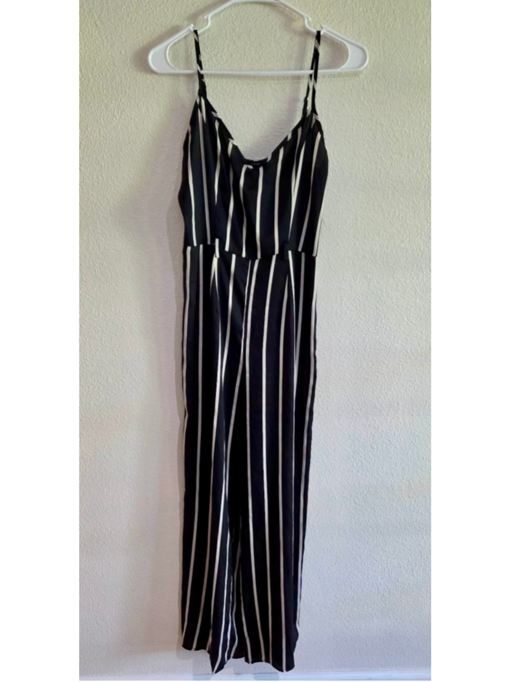 Forever 21 Striped Spaghetti Strap Wide Leg Jumpsuit Black White Small W-261